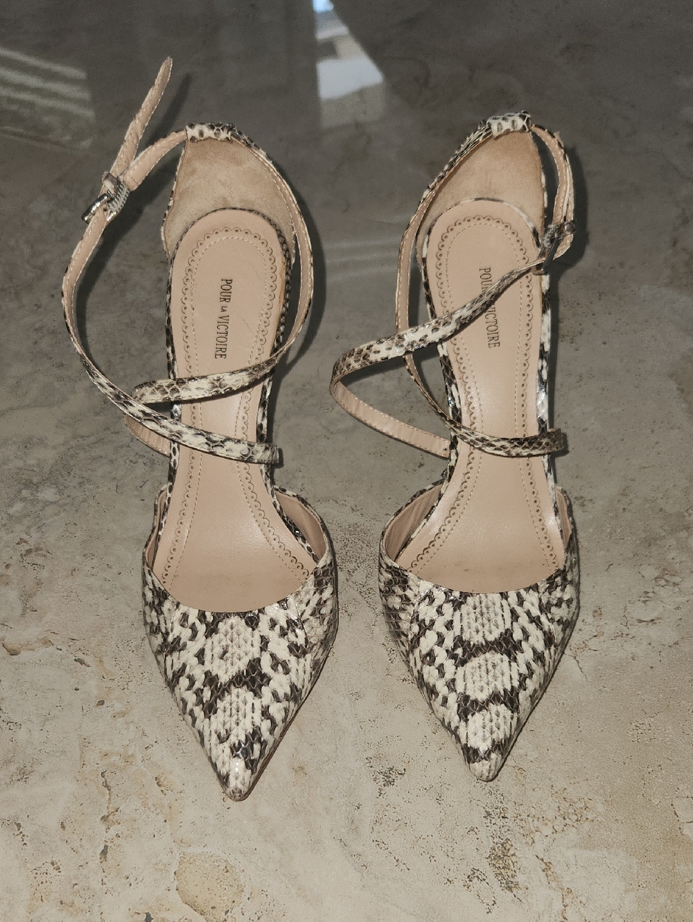 Pour La Victoire Snake-Print Pointed Toe Slingback Heels in Beige and Black